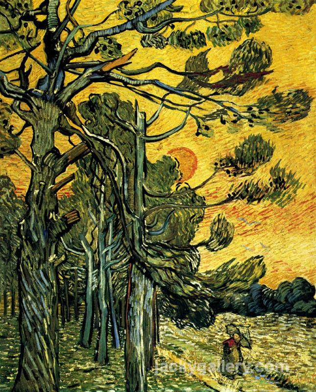 Pine Trees against a Red Sky with Setting Sun, Van Gogh painting